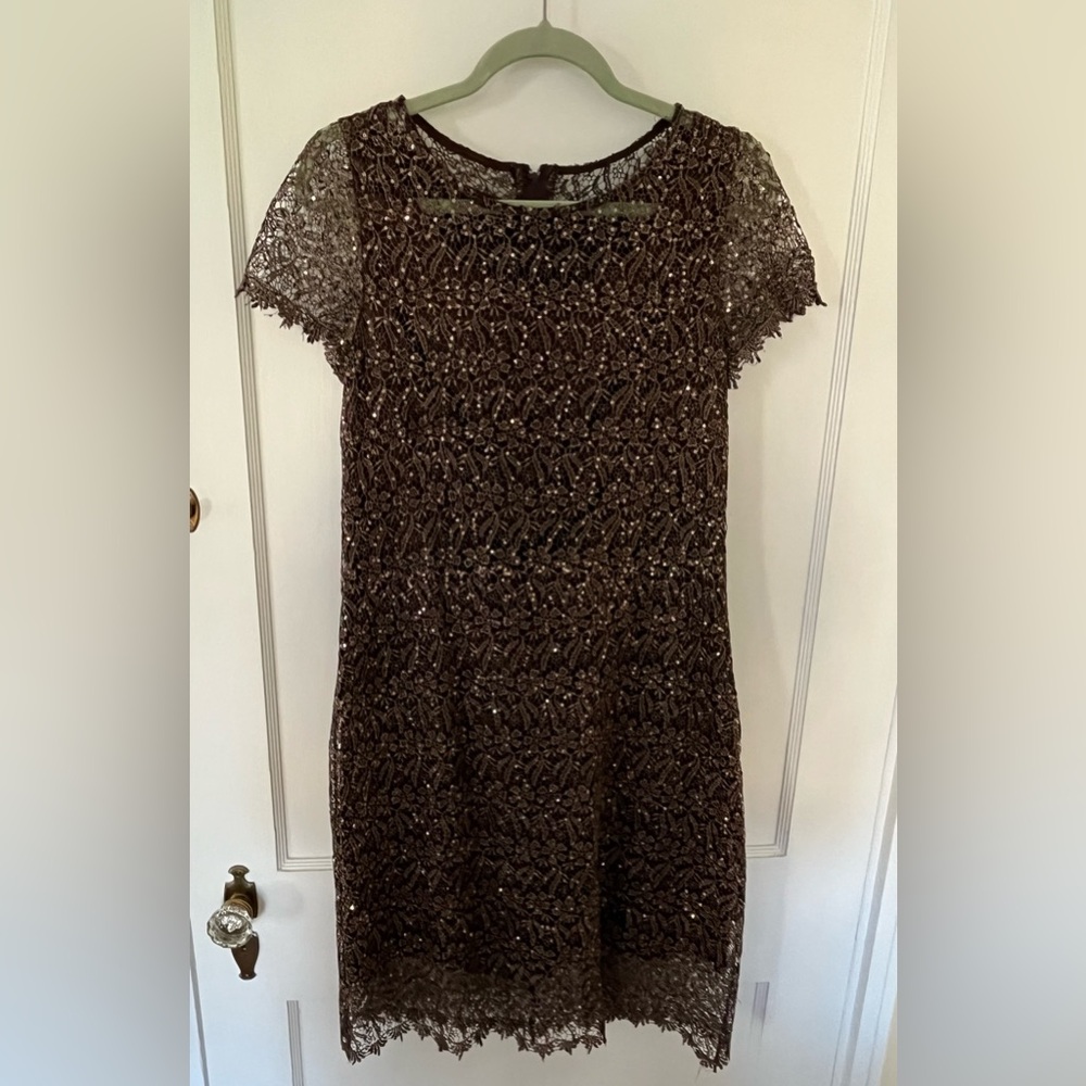 Marina chocolate brown sequined lined laced sheath dress short sleeve size 10